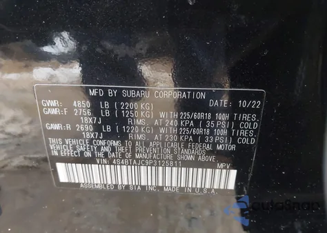 2023 Subaru Outback Onyx Edition z USA, uszkodzony, nr VIN 4S4BTAJC9P3125811